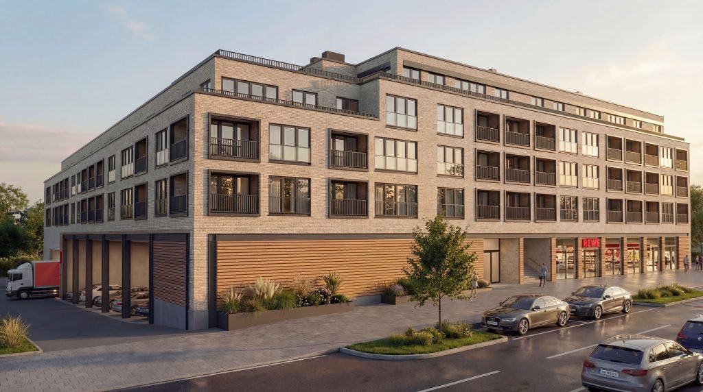 Neubau eines modernen Wohn- und Geschäftshauses mit 163 Kompaktwohnungen und integriertem Lebensmittelvollsortimenter in Hamburg-Sülldorf